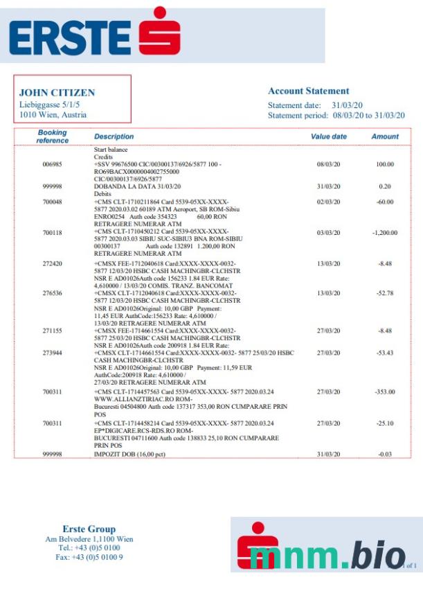 Wyciąg bankowy Austria Erste Group łatwy do wypełnienia szablon w formacie Excel i PDF